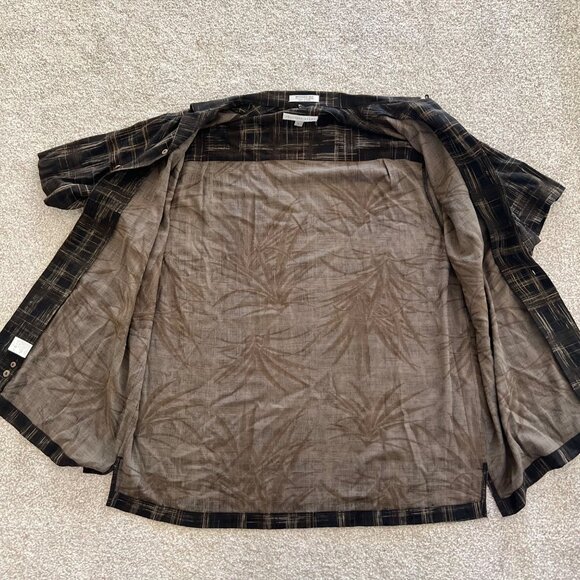 Geoffrey Beene washable silk crisscross plaid pattern black & brown button up - Picture 5 of 7